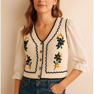 Knit Crochet Button Blouse Women’s XS White Puff Sleeve Embroidered Cottagecore